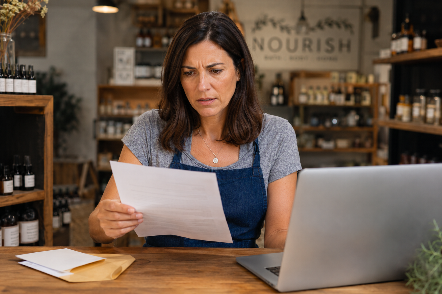 Small-business owner reading a website accessibility demand letter in her shop