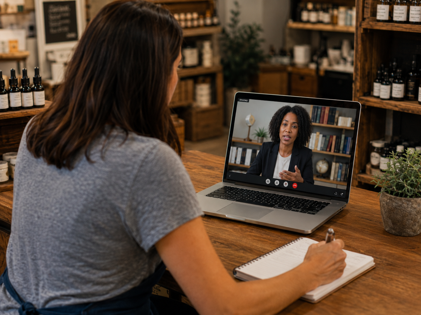 Business owner speaking with an attorney on a laptop after receiving a website accessibility demand letter